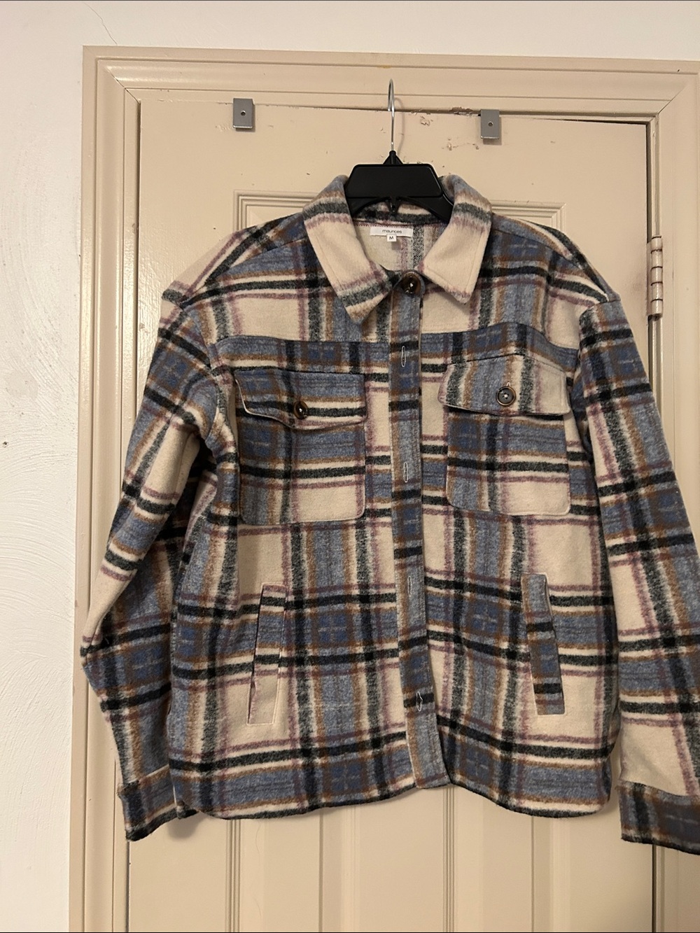Maurices Cream and Blue Plaid Shirt Jacket